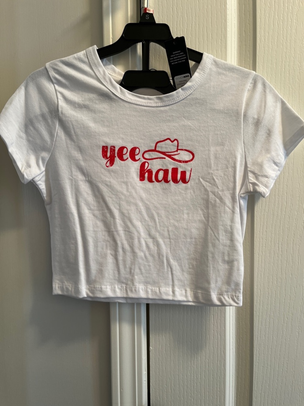 Fashion Nova White Crop Top with Red 'yee haw' Graphic